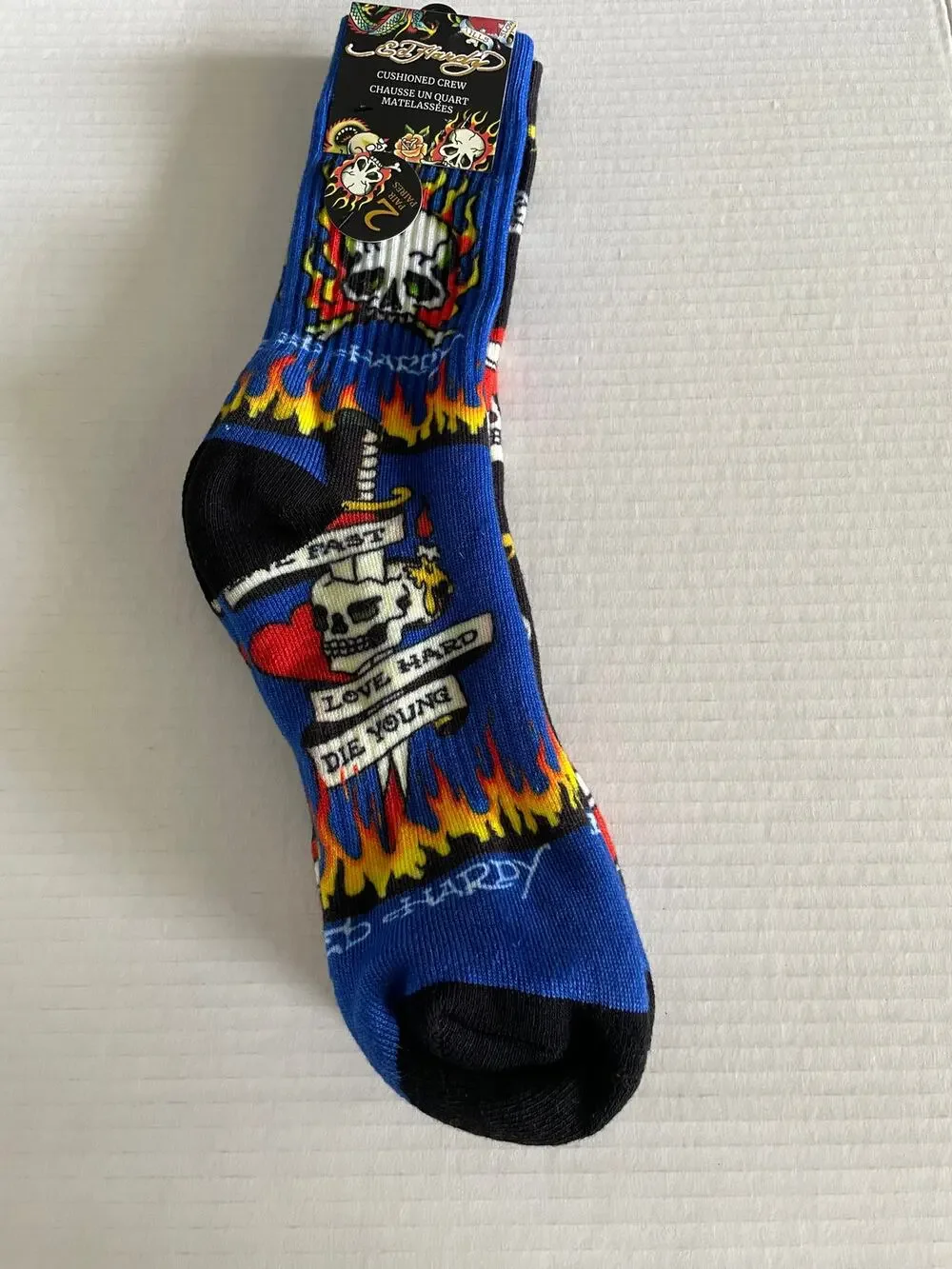 ADULT ED HARDY 2 PAIR BLACK MAROON CREW SOCKS NEW